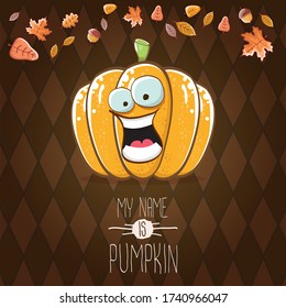 vector funny cartoon cute orange smiling pumkin isolated on autumn brown background. My name is pumkin vector concept illustration. vegetable funky halloween or thanksgiving day character