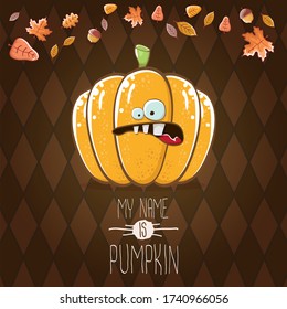caricatura vectorial divertida lindo calabaza sonriente naranja aislado en el fondo castaño otoño. Mi nombre es ilustración de concepto de vectores de calabaza. halloween funky vegetal o caracter de día de acción de gracias