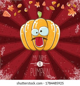 vector funny cartoon cute orange smiling pumkin isolated on autumn red background. My name is pumkin vector concept illustration. vegetable funky halloween or thanksgiving day character