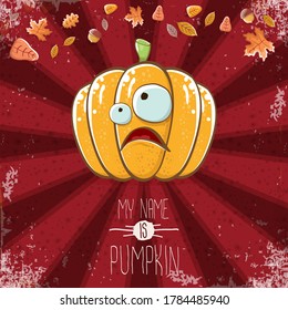 vector funny cartoon cute orange smiling pumkin isolated on autumn red background. My name is pumkin vector concept illustration. vegetable funky halloween or thanksgiving day character