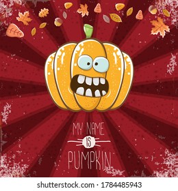 vector funny cartoon cute orange smiling pumkin isolated on autumn red background. My name is pumkin vector concept illustration. vegetable funky halloween or thanksgiving day character