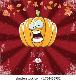 vector funny cartoon cute orange smiling pumkin isolated on autumn red background. My name is pumkin vector concept illustration. vegetable funky halloween or thanksgiving day character