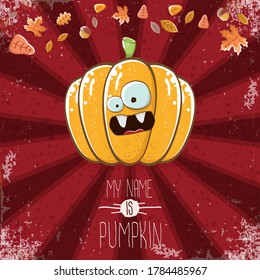 vector funny cartoon cute orange smiling pumkin isolated on autumn red background. My name is pumkin vector concept illustration. vegetable funky halloween or thanksgiving day character