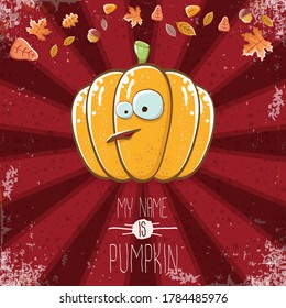 Vektorkomischer Cartoon süß-orangefarbene Lächelnde Pumas einzeln auf herbstrotem Hintergrund. Mein Name ist Pumkin Vektorgrafik Concept Illustration. Gemüsefreund-Hals- oder Thanksgiving-Tagescharakter