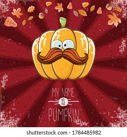 caricatura vectorial graciosa tierna calabaza sonriente naranja aislada en el fondo rojo otoñal. Mi nombre es ilustración de concepto de vectores de calabaza. halloween funky vegetal o caracter de día de acción de gracias