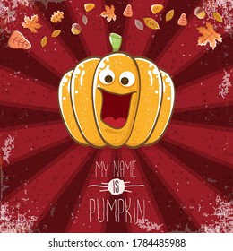 vector funny cartoon cute orange smiling pumkin isolated on autumn red background. My name is pumkin vector concept illustration. vegetable funky halloween or thanksgiving day character