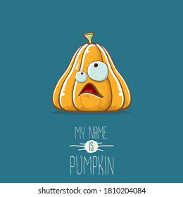 vector funny cartoon cute orange smiling pumkin isolated on blue background. My name is pumkin vector concept illustration. vegetable funky halloween or thanksgiving day character