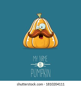 vector funny cartoon cute orange smiling pumkin isolated on blue background. My name is pumkin vector concept illustration. vegetable funky halloween or thanksgiving day character