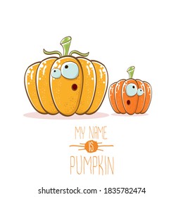 vector funny cartoon cute orange smiling friends pumkins isolated on white background. My name is pumkin vector concept illustration. vegetable funky halloween or thanksgiving day characters set