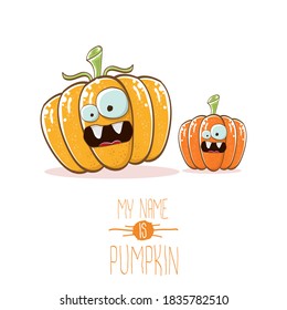 vector funny cartoon cute orange smiling friends pumkins isolated on white background. My name is pumkin vector concept illustration. vegetable funky halloween or thanksgiving day characters set