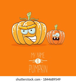 vector funny cartoon cute orange smiling friends pumpkins isolated on orange background. My name is pumpkin vector concept illustration. vegetable funky Halloween or thanksgiving day characters set