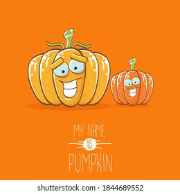 vector funny cartoon cute orange smiling friends pumpkins isolated on orange background. My name is pumpkin vector concept illustration. vegetable funky Halloween or thanksgiving day characters set