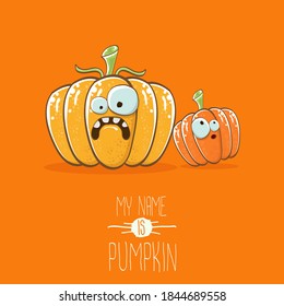 vector funny cartoon cute orange smiling friends pumpkins isolated on orange background. My name is pumpkin vector concept illustration. vegetable funky Halloween or thanksgiving day characters set