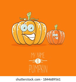 caricatura vectorial graciosa adorables amigos sonrientes calabazas aisladas en el fondo naranja. Mi nombre es ilustración conceptual de la calabaza vectorial. conjunto de personajes de Halloween o día de acción de gracias