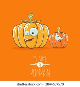 vector funny cartoon cute orange smiling friends pumpkins isolated on orange background. My name is pumpkin vector concept illustration. vegetable funky Halloween or thanksgiving day characters set