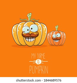 vector funny cartoon cute orange smiling friends pumpkins isolated on orange background. My name is pumpkin vector concept illustration. vegetable funky Halloween or thanksgiving day characters set