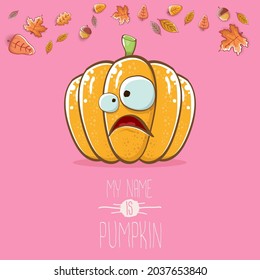 vector funny cartoon cute orange smiling pumpkin isolated on pink background. My name is pumpkin vector concept illustration. vegetable funky Halloween or thanksgiving day character