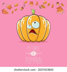 vector funny cartoon cute orange smiling pumpkin isolated on pink background. My name is pumpkin vector concept illustration. vegetable funky Halloween or thanksgiving day character