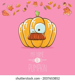 caricatura vectorial divertida linda calabaza sonriente naranja aislada en el fondo rosado. Mi nombre es ilustración conceptual de la calabaza vectorial. Halloween funky vegetal o caracter de día de acción de gracias
