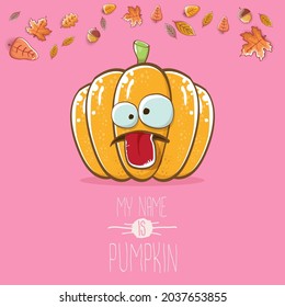 Vektorkomischer Cartoon süß-orange lächelnder Kürbis einzeln auf rosafarbenem Hintergrund. Mein Name ist Kürbis, Vektorgrafik des Konzepts. Gemüsefreude oder Thanksgiving-Tagescharakter