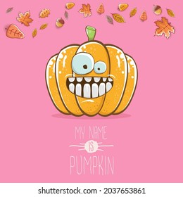 vector funny cartoon cute orange smiling pumpkin isolated on pink background. My name is pumpkin vector concept illustration. vegetable funky Halloween or thanksgiving day character