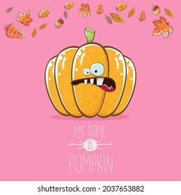 vector funny cartoon cute orange smiling pumpkin isolated on pink background. My name is pumpkin vector concept illustration. vegetable funky Halloween or thanksgiving day character
