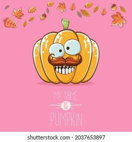 caricatura vectorial divertida linda calabaza sonriente naranja aislada en el fondo rosado. Mi nombre es ilustración conceptual de la calabaza vectorial. Halloween funky vegetal o caracter de día de acción de gracias