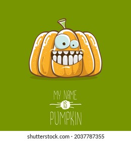 vector funny cartoon cute orange smiling pumpkin isolated on green background. My name is pumpkin vector concept illustration. vegetable funky Halloween or thanksgiving day character