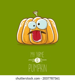 caricatura vectorial divertida linda calabaza sonriente naranja aislada en el fondo verde. Mi nombre es ilustración conceptual de la calabaza vectorial. Halloween funky vegetal o caracter de día de acción de gracias