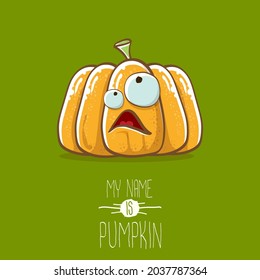 vector funny cartoon cute orange smiling pumpkin isolated on green background. My name is pumpkin vector concept illustration. vegetable funky Halloween or thanksgiving day character