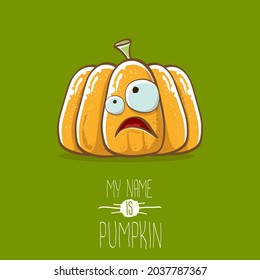 vector funny cartoon cute orange smiling pumpkin isolated on green background. My name is pumpkin vector concept illustration. vegetable funky Halloween or thanksgiving day character