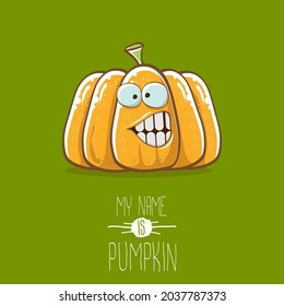 vector funny cartoon cute orange smiling pumpkin isolated on green background. My name is pumpkin vector concept illustration. vegetable funky Halloween or thanksgiving day character
