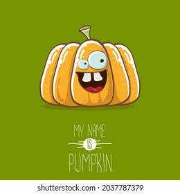 vector funny cartoon cute orange smiling pumpkin isolated on green background. My name is pumpkin vector concept illustration. vegetable funky Halloween or thanksgiving day character
