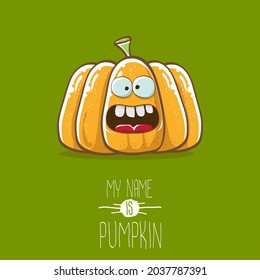 caricatura vectorial divertida linda calabaza sonriente naranja aislada en el fondo verde. Mi nombre es ilustración conceptual de la calabaza vectorial. Halloween funky vegetal o caracter de día de acción de gracias