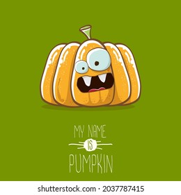 vector funny cartoon cute orange smiling pumpkin isolated on green background. My name is pumpkin vector concept illustration. vegetable funky Halloween or thanksgiving day character