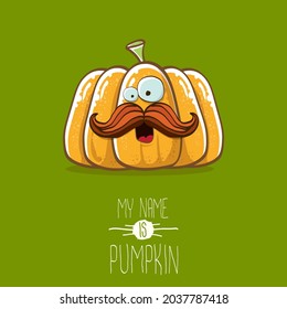 vector funny cartoon cute orange smiling pumpkin isolated on green background. My name is pumpkin vector concept illustration. vegetable funky Halloween or thanksgiving day character