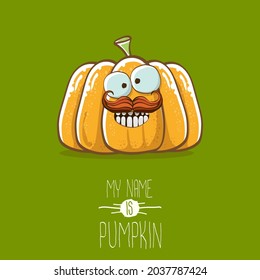 vector funny cartoon cute orange smiling pumpkin isolated on green background. My name is pumpkin vector concept illustration. vegetable funky Halloween or thanksgiving day character