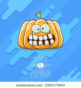 vector funny cartoon cute orange smiling pumkin isolated on blue background. My name is pumkin vector concept illustration. vegetable funky halloween or thanksgiving day character
