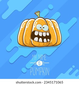 Vektorkomischer Cartoon süß-orange lächelnde Pumps einzeln auf blauem Hintergrund. Mein Name ist Pumkin Vektorgrafik Concept Illustration. Gemüsefreund-Hals- oder Thanksgiving-Tagescharakter