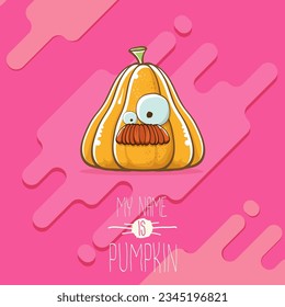 caricatura vectorial divertida lindo calabaza sonriente naranja aislado en un fondo rosado abstracto. Mi nombre es ilustración de concepto de vectores de calabaza. halloween funky vegetal o caracter de día de acción de gracias