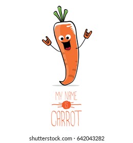 vector funny cartoon cute orange carrot isolated on white background. My name is carrot