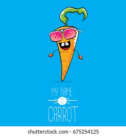 vector funny cartoon cute orange carrot isolated on blue background. My name is carrot