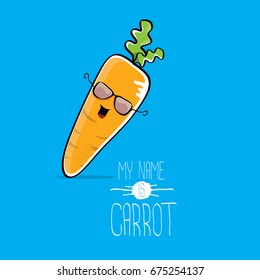 vector funny cartoon cute orange carrot isolated on blue background. My name is carrot