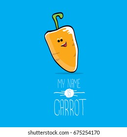 vector funny cartoon cute orange carrot isolated on blue background. My name is carrot