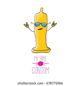 vector funny cartoon cute orange condom character isolated on white background. My name is condom. Concept safe sex and healthy life style