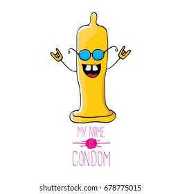 vector funny cartoon cute orange condom character isolated on white background. My name is condom. Concept safe sex and healthy life style