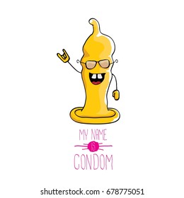 vector funny cartoon cute orange condom character isolated on white background. My name is condom. Concept safe sex and healthy life style