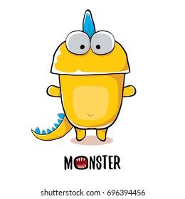 vector funny cartoon cute orange kids monster dinosaur label isolated on white background. Vector funny mascot dragon .