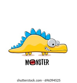 vector funny cartoon cute orange kids monster dinosaur label isolated on white background. Vector funny mascot dragon .