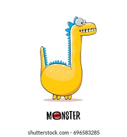 vector funny cartoon cute orange kids monster dinosaur label isolated on white background. Vector funny mascot dragon .